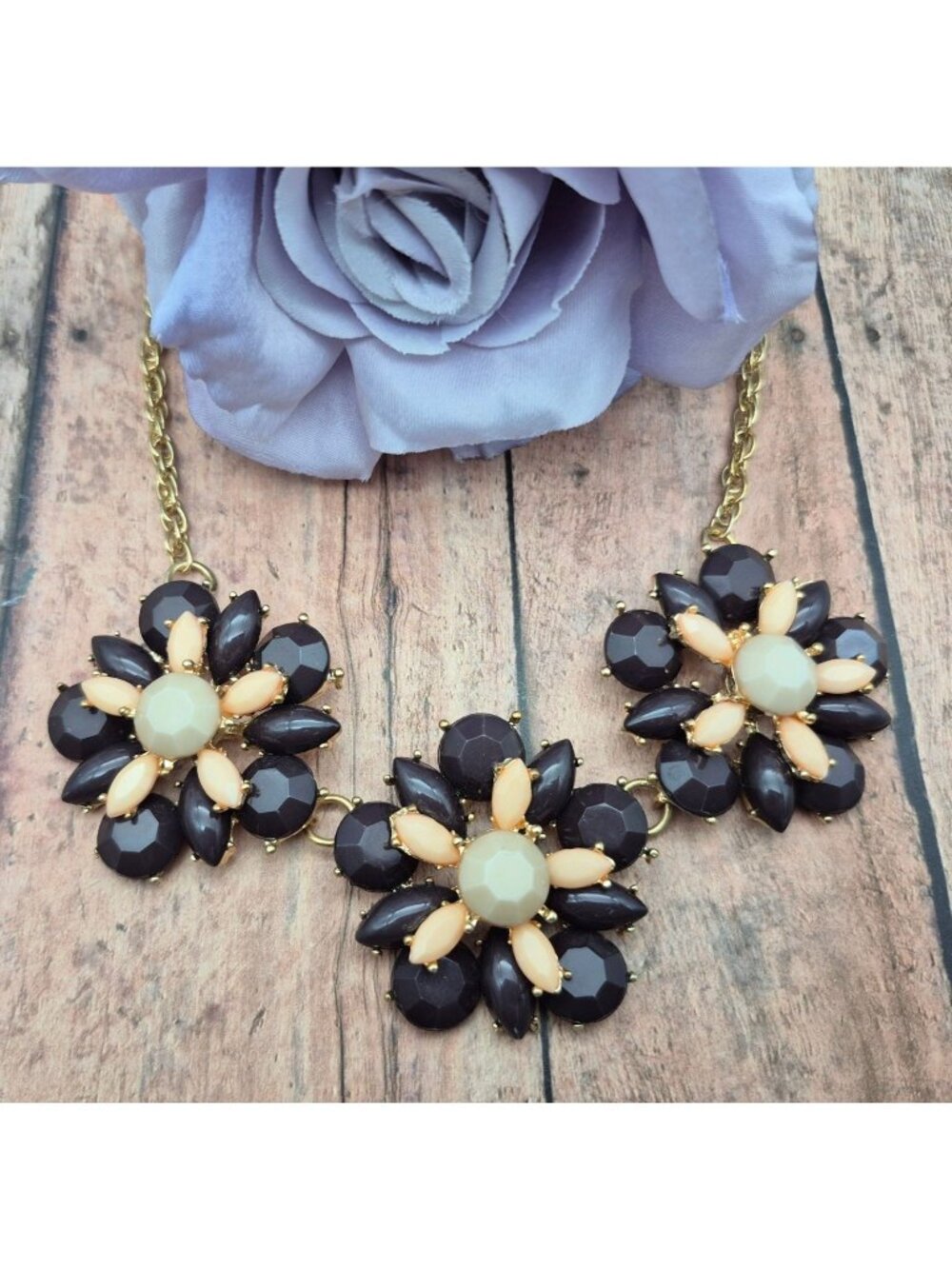 Flower Pendant Collar Necklace 21" Gold Tone Rope Chain Statement Jewelry